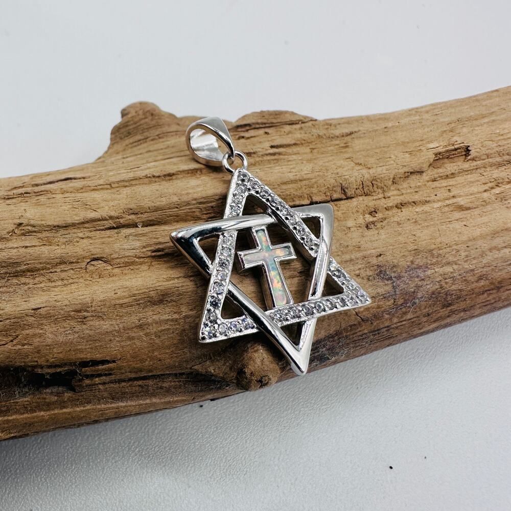 Sterling Silver Star of David Lab Opal Cross CZ Pendant - Picture 4 of 7